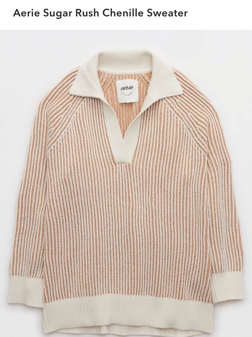 aerie Cream and Tan Chenille V-Neck Polo Sweater